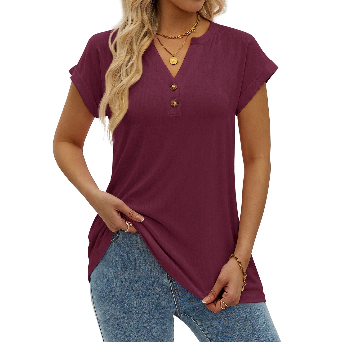 MOSHU Henley T-Shirts for Women Short Sleeve V Neck Tops Summer Trendy Tee Shirts Fashion Clothes