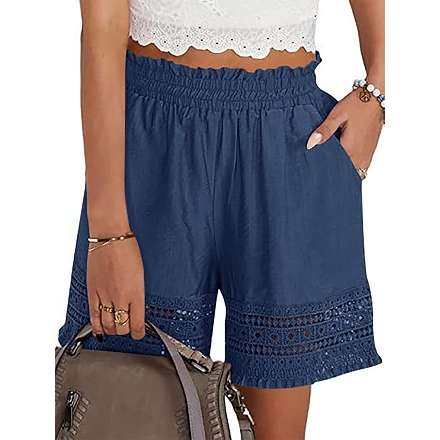 MOSHU High Waisted Shorts for Women Cotton Lounge Shorts Dressy Lace Trim Summer Beach Pants with Pockets