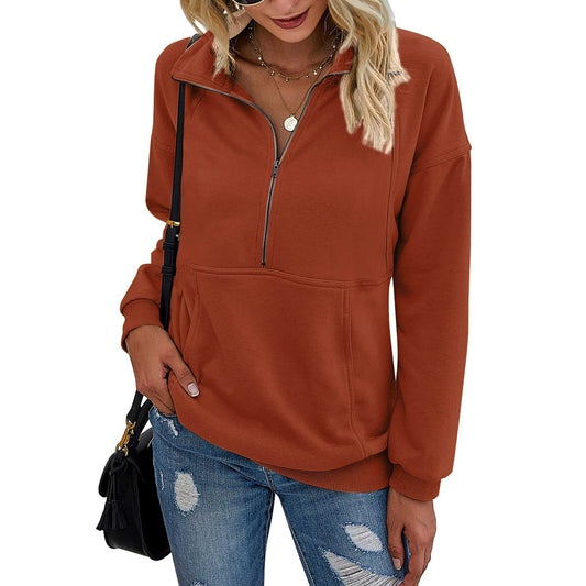 MOSHU Lapel Zipper Sweatshirts for Women Trendy Long Sleeve Tops Pullover Sweatshirts with Pocket