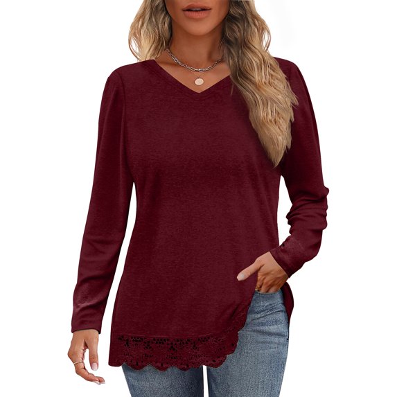 MOSHU Long Sleeve Tops for Women V-neck Womens Blouses Lace Hem Casual Shirts
