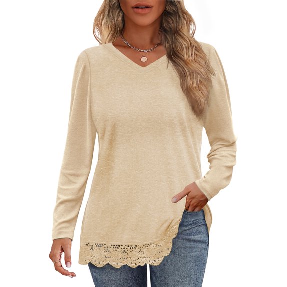MOSHU Long Sleeve Tops for Women V-neck Womens Blouses Lace Hem Casual Shirts