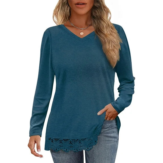 MOSHU Long Sleeve Tops for Women V-neck Womens Blouses Lace Hem Casual Shirts