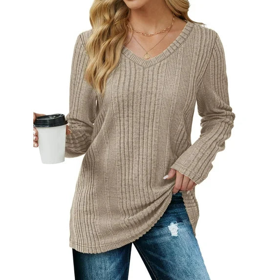 MOSHU Dressy Tops for Women Classic Fit Long Sleeve Shirts V Neck Lightweight Blouses Casual Tunic Womens Tops
