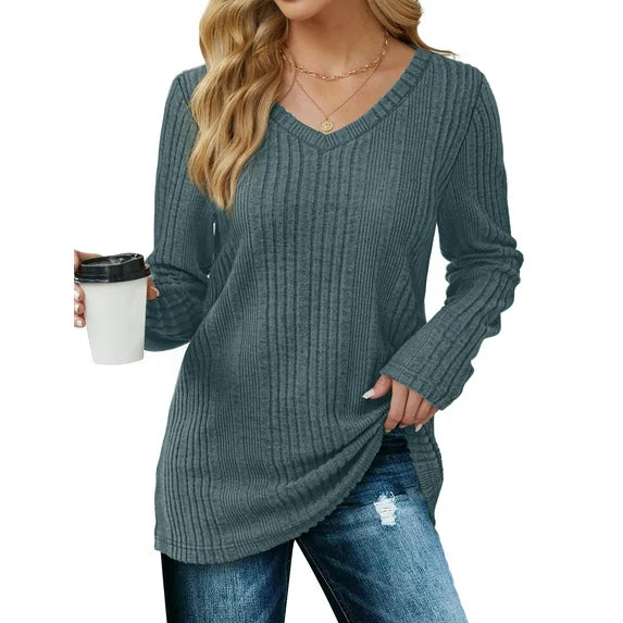 MOSHU Dressy Tops for Women Classic Fit Long Sleeve Shirts V Neck Lightweight Blouses Casual Tunic Womens Tops