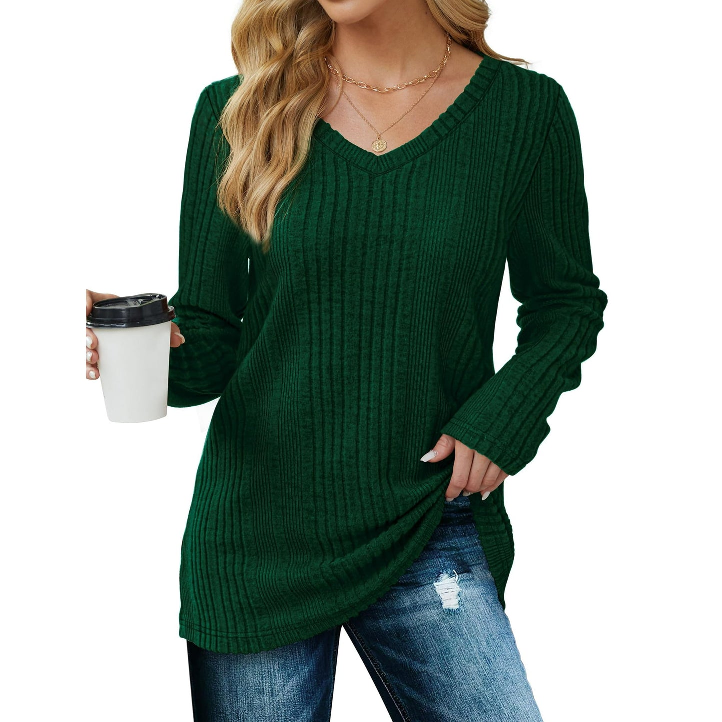 MOSHU Dressy Tops for Women Classic Fit Long Sleeve Shirts V Neck Lightweight Blouses Casual Tunic Womens Tops