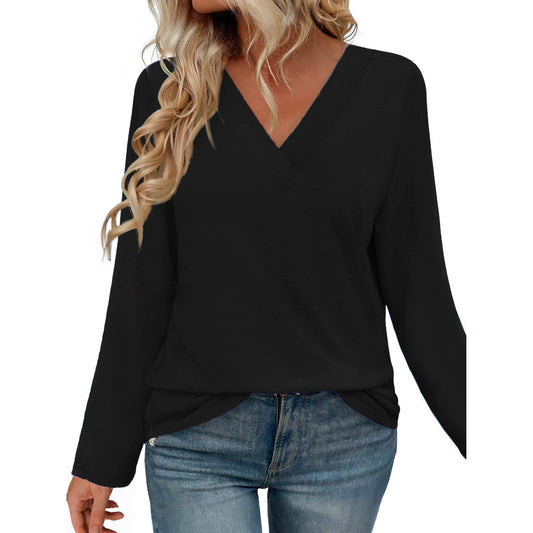 MOSHU Long Sleeve Womens Tops Deep V Neck Blouses for Women Loose Fit Curved Hem Fall Shirts