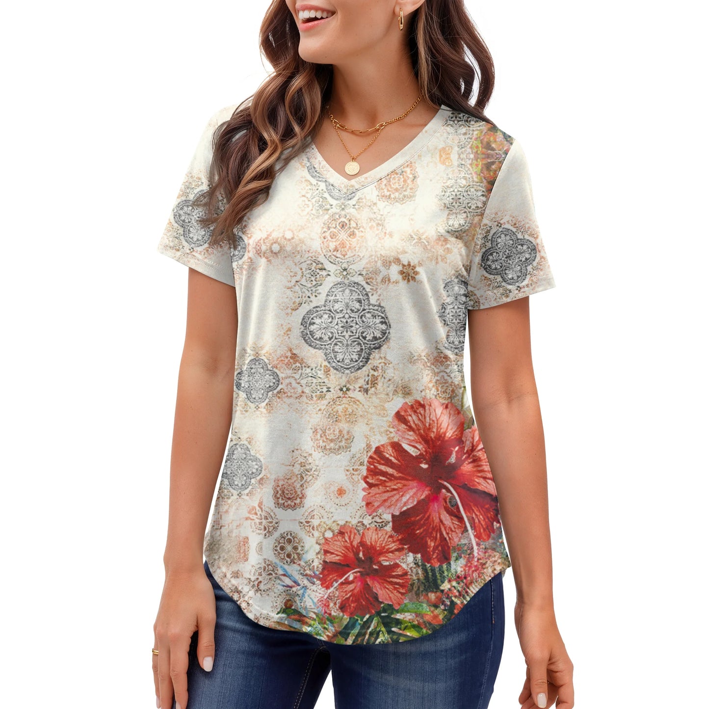 MOSHU Plus Size T-shirts for Women V Neck Summer Tunic Tops Floral Print Curved Hem Women Shirts
