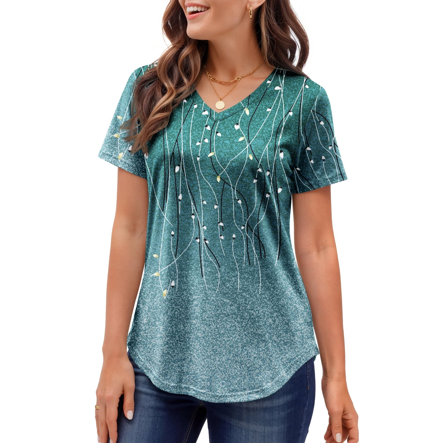 MOSHU Plus Size T-shirts for Women V Neck Summer Tunic Tops Floral Print Curved Hem Women Shirts