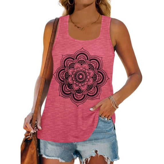 MOSHU Racerback Tank Tops for Women Vintage Mandala Graphic Shirts Casual Sleeveless Summer Tops