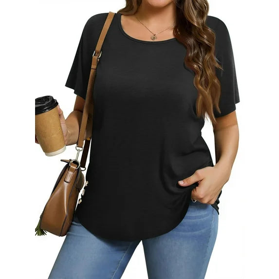 MOSHU Scoop Neck T-shirts for Women Short Sleeve Plus Size Tops Curved Hem Womens Shirts