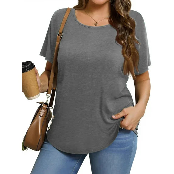 MOSHU Scoop Neck T-shirts for Women Short Sleeve Plus Size Tops Curved Hem Womens Shirts