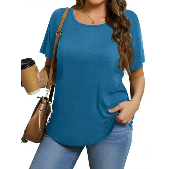 MOSHU Scoop Neck T-shirts for Women Short Sleeve Plus Size Tops Curved Hem Womens Shirts