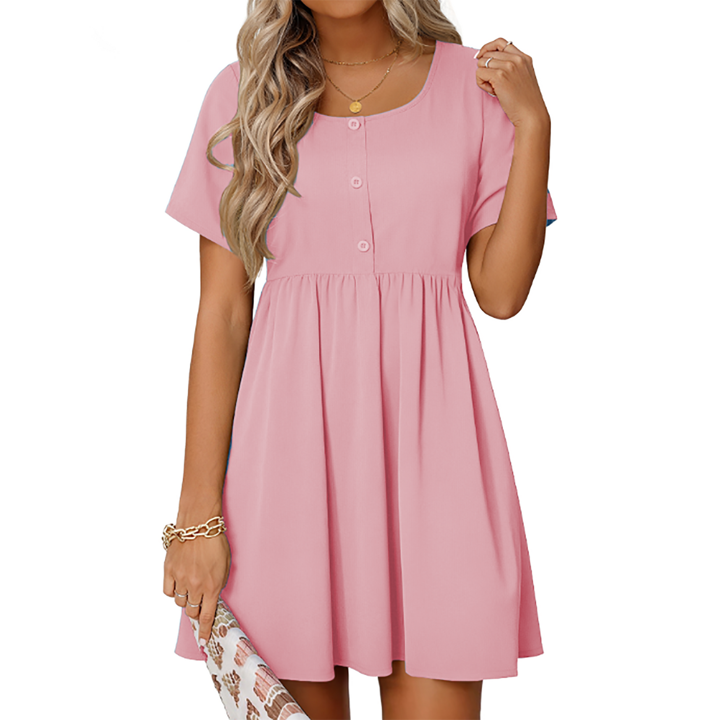MOSHU Summer Dresses for Women Crewneck Short Sleeve Midi Dress Casual Button A-Line Sundress with Pockets