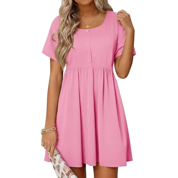 MOSHU Summer Dresses for Women Crewneck Short Sleeve Midi Dress Casual Button A-Line Sundress with Pockets