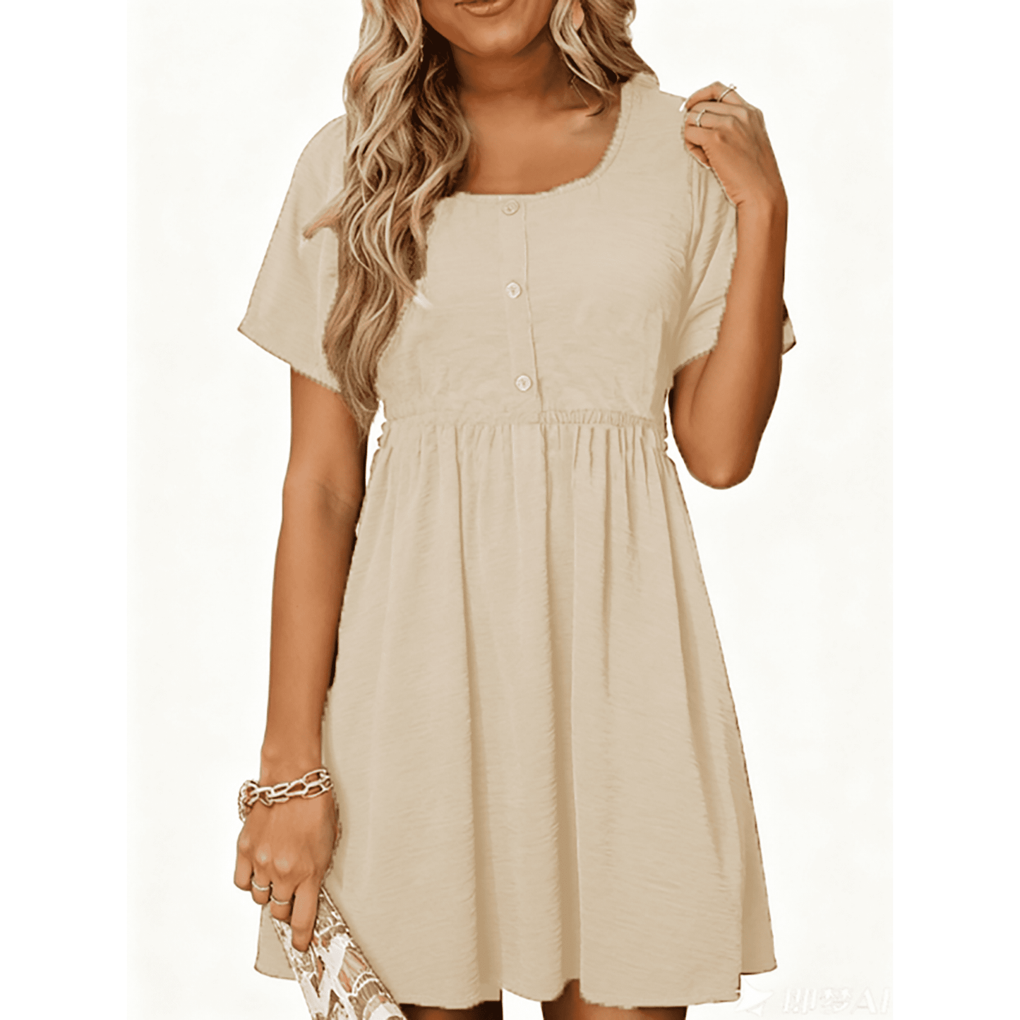 MOSHU Summer Dresses for Women Crewneck Short Sleeve Midi Dress Casual Button A-Line Sundress with Pockets