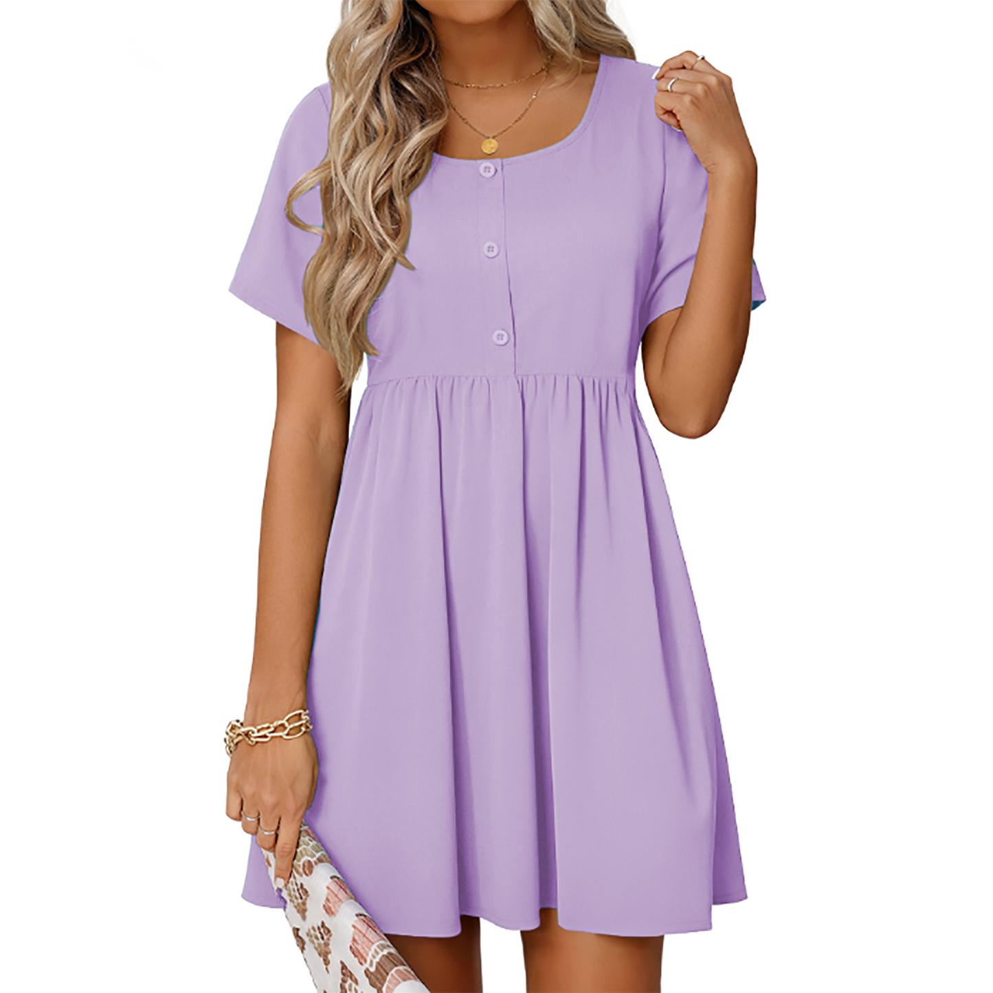 MOSHU Summer Dresses for Women Crewneck Short Sleeve Midi Dress Casual Button A-Line Sundress with Pockets