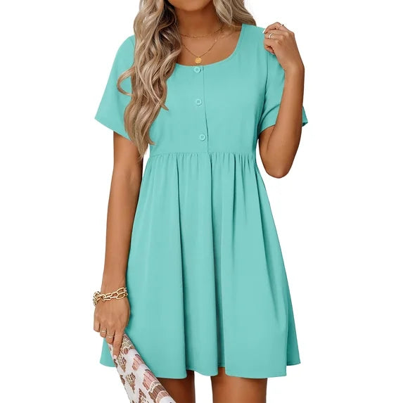 MOSHU Summer Dresses for Women Crewneck Short Sleeve Midi Dress Casual Button A-Line Sundress with Pockets