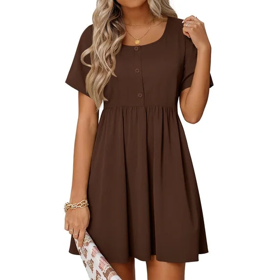 MOSHU Summer Dresses for Women Crewneck Short Sleeve Midi Dress Casual Button A-Line Sundress with Pockets