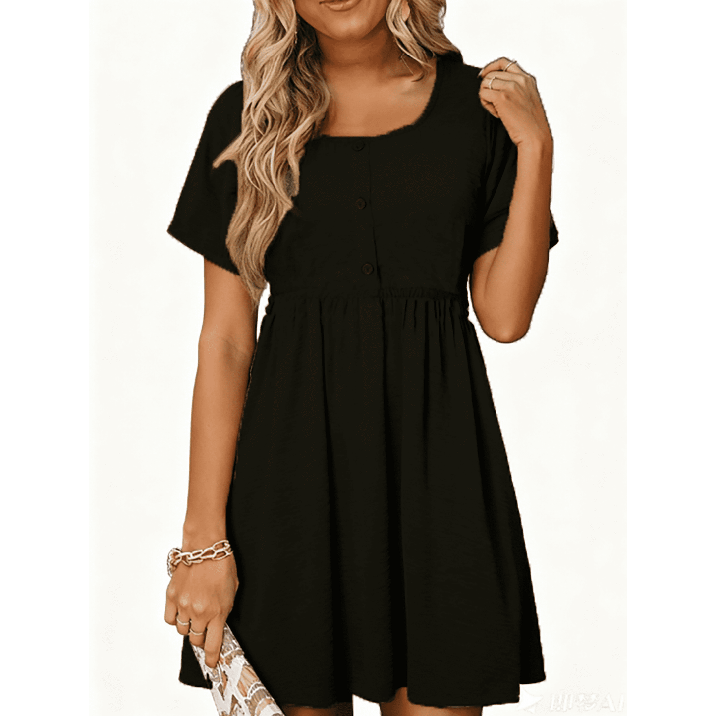 MOSHU Summer Dresses for Women Crewneck Short Sleeve Midi Dress Casual Button A-Line Sundress with Pockets