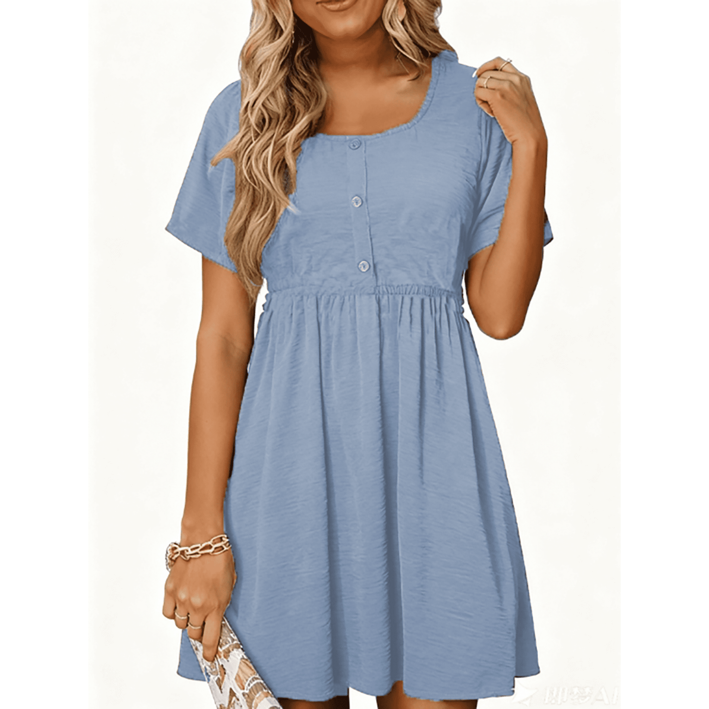 MOSHU Summer Dresses for Women Crewneck Short Sleeve Midi Dress Casual Button A-Line Sundress with Pockets
