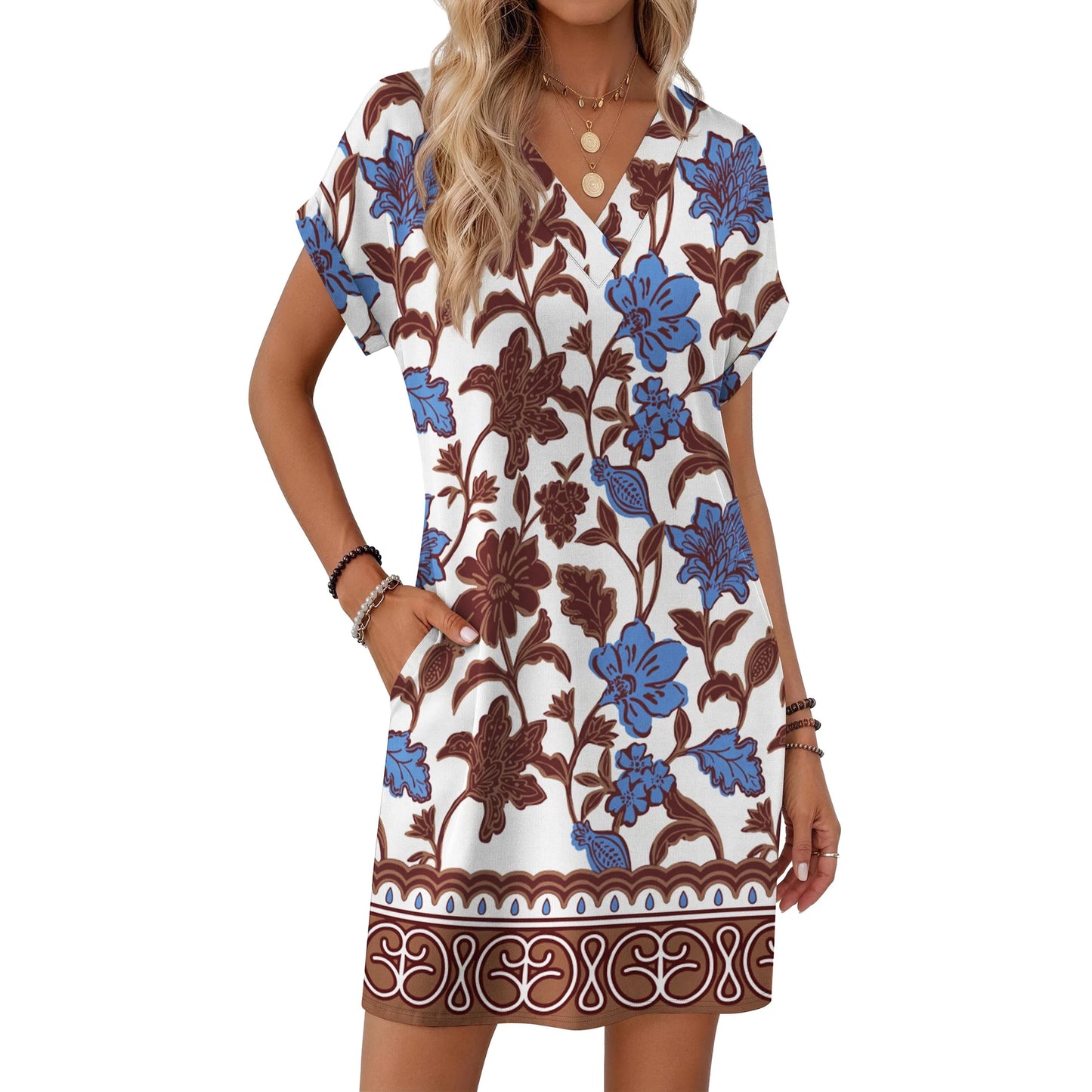 MOSHU Summer Dresses for women V Neck Womens Dresses Short Sleeve Casual Midi Dress with Pockets
