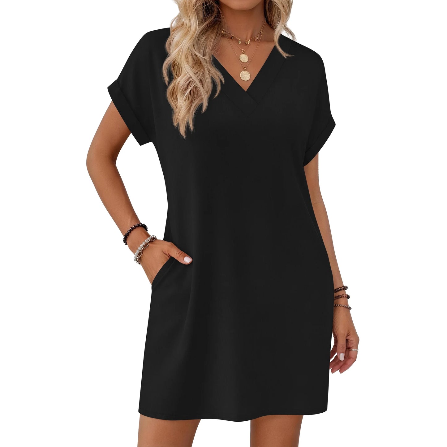 MOSHU Summer Dresses for women V Neck Womens Dresses Short Sleeve Casual Midi Dress with Pockets