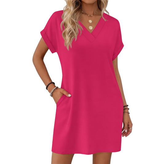 MOSHU Summer Dresses for women V Neck Womens Dresses Short Sleeve Casual Midi Dress with Pockets