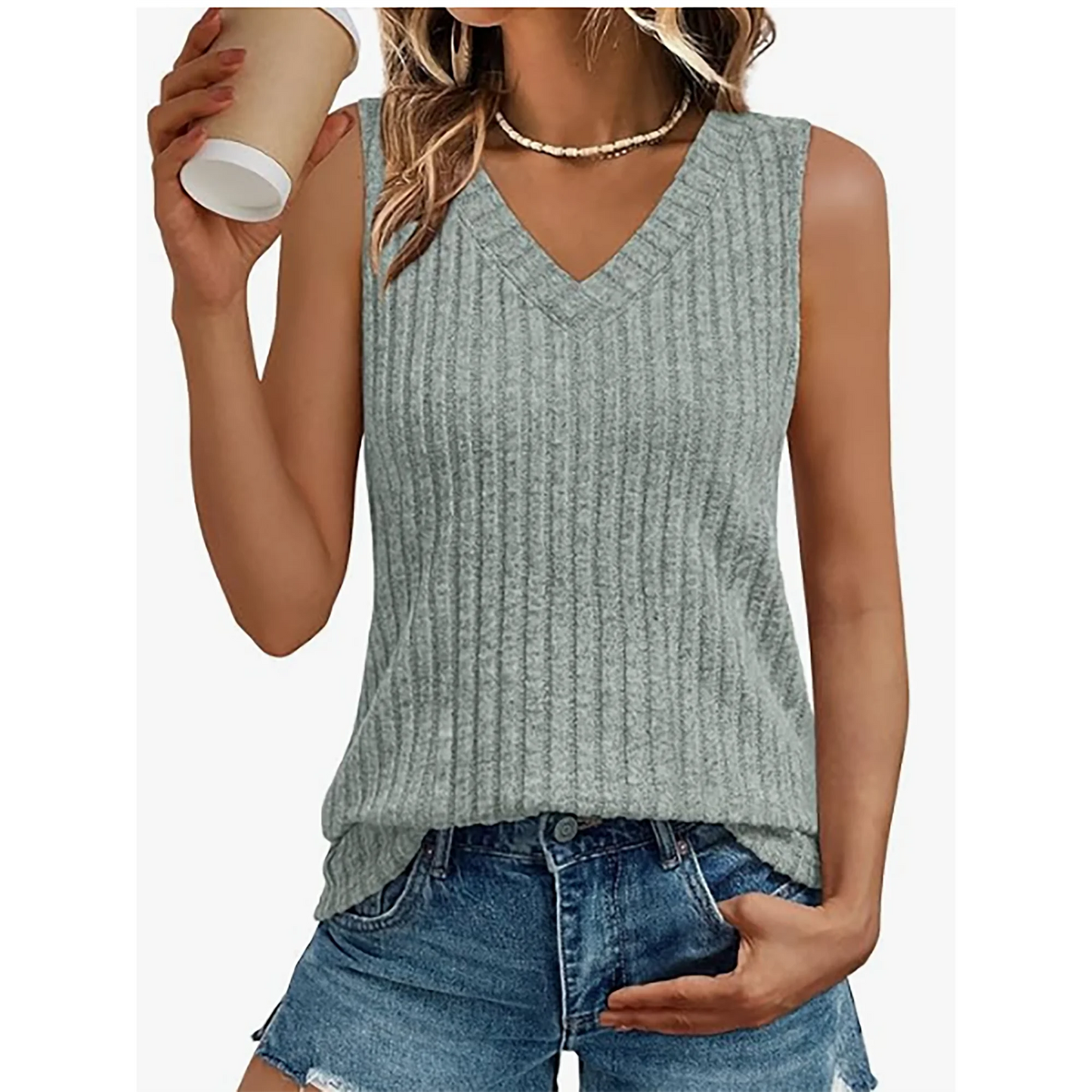 MOSHU Summer Tank Tops for Women V Neck Sleeveless Tops Loose Fit Dressy Casual Shirts