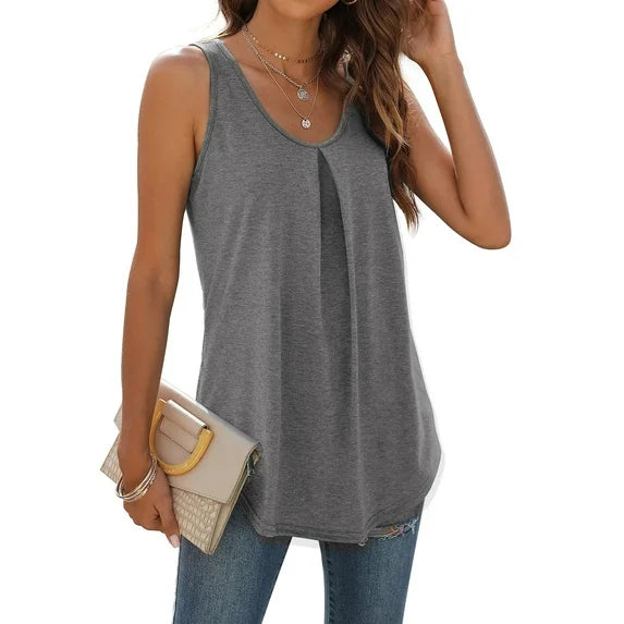 MOSHU Summer Tank Tops for Women V-neck Sleeveless Shirts Pleated Front Tops
