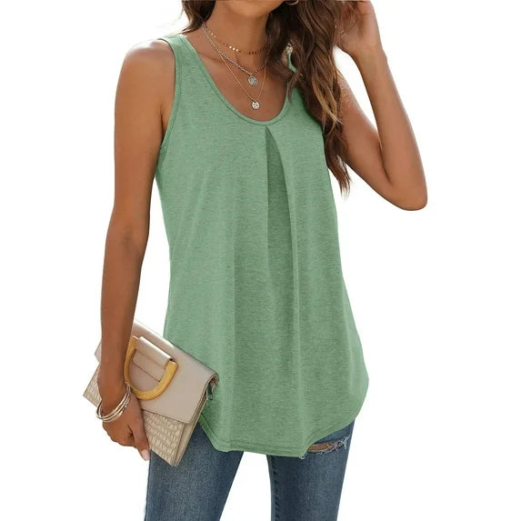 MOSHU Summer Tank Tops for Women V-neck Sleeveless Shirts Pleated Front Tops