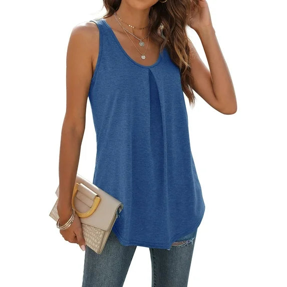 MOSHU Summer Tank Tops for Women V-neck Sleeveless Shirts Pleated Front Tops