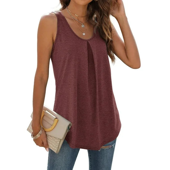 MOSHU Summer Tank Tops for Women V-neck Sleeveless Shirts Pleated Front Tops