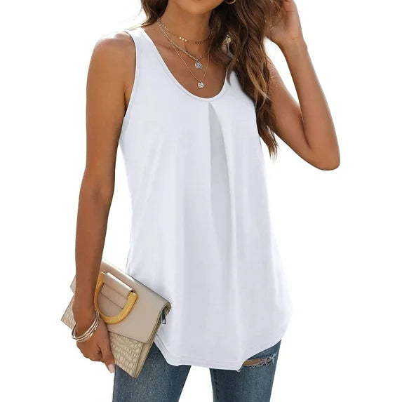 MOSHU Summer Tank Tops for Women V-neck Sleeveless Shirts Pleated Front Tops
