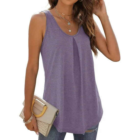 MOSHU Summer Tank Tops for Women V-neck Sleeveless Shirts Pleated Front Tops