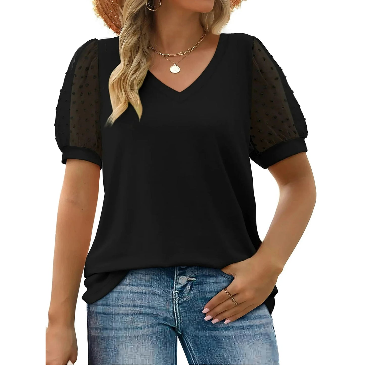 MOSHU Summer Womens Tops Dressy V Neck Blouses for Women Swiss Dot Puff Sleeve Shirts