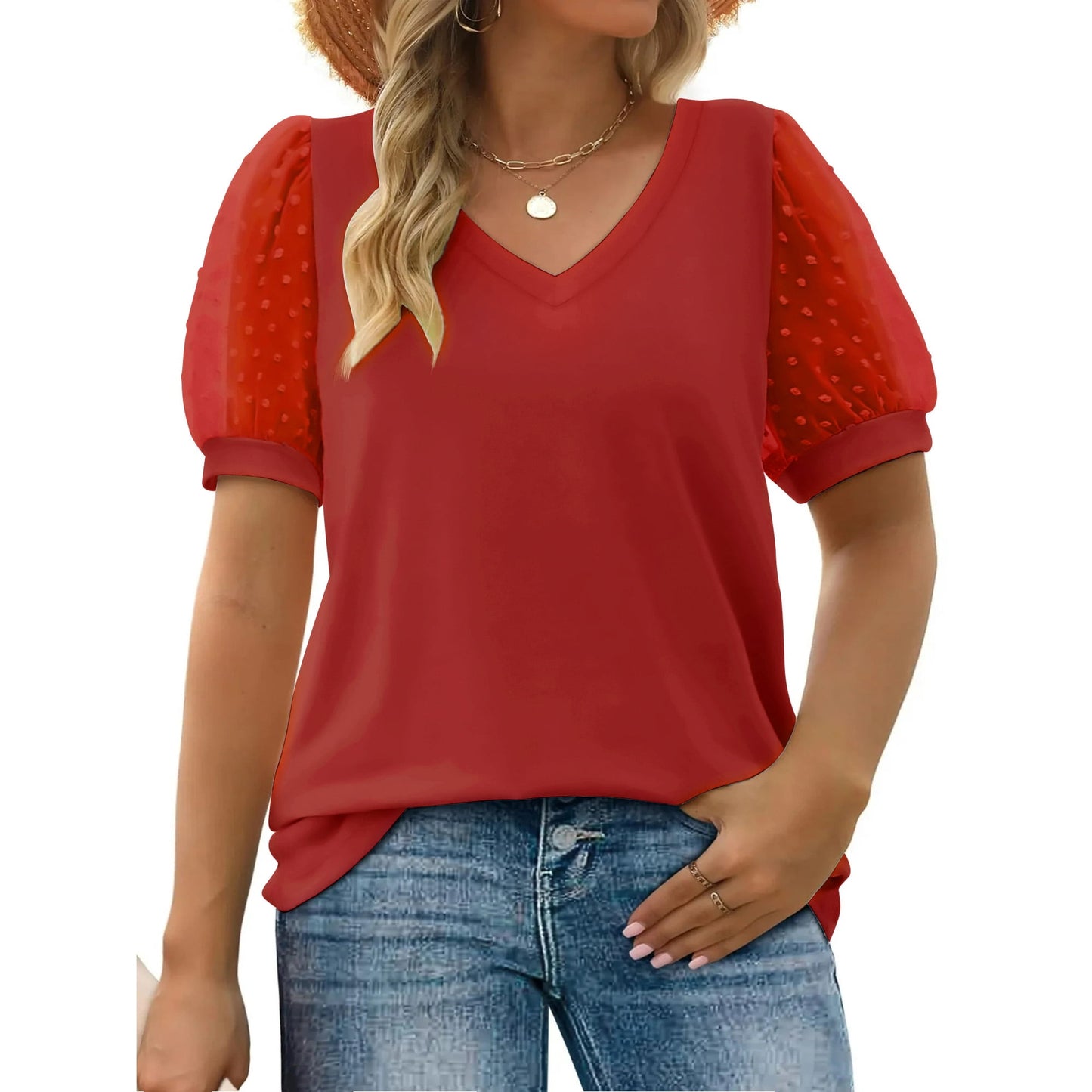 MOSHU Summer Womens Tops Dressy V Neck Blouses for Women Swiss Dot Puff Sleeve Shirts