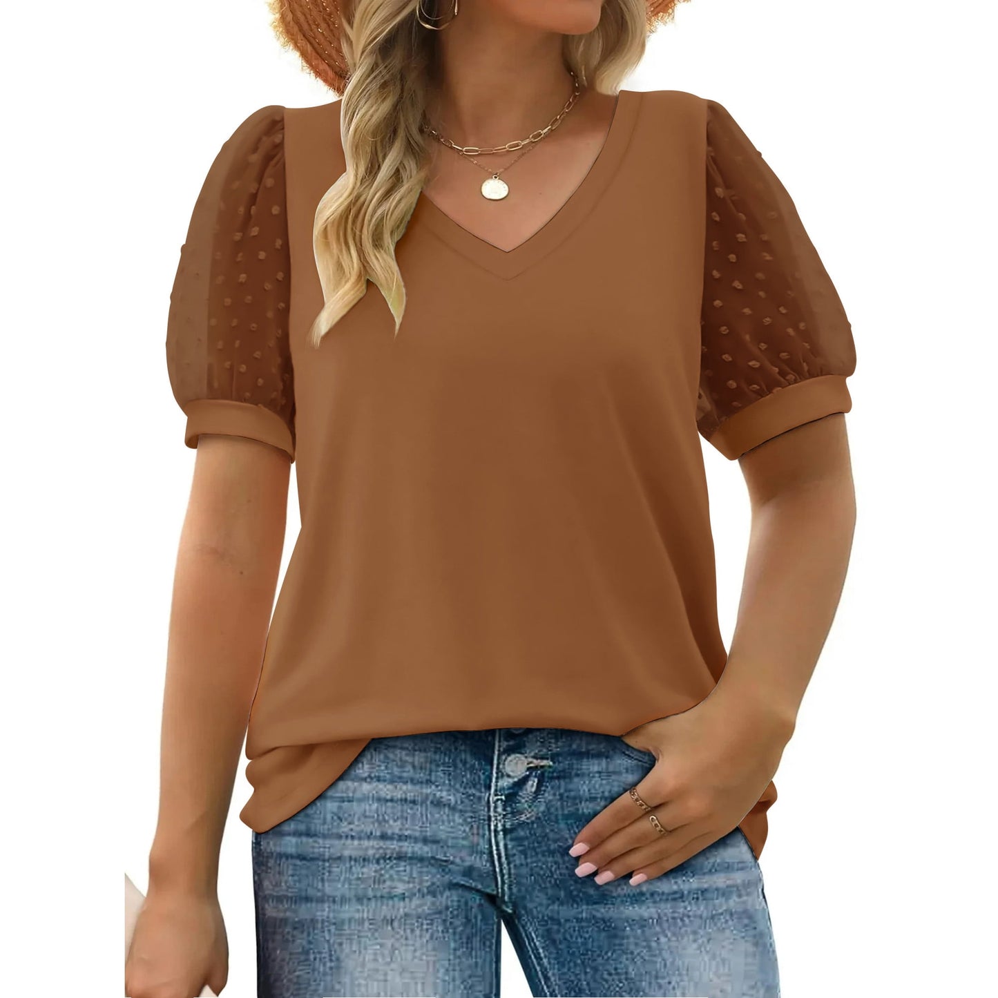 MOSHU Summer Womens Tops Dressy V Neck Blouses for Women Swiss Dot Puff Sleeve Shirts