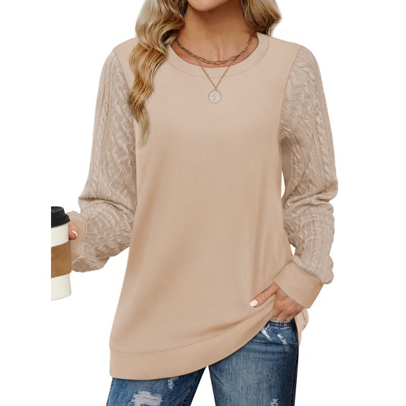MOSHU Sweatshirts for Women Crewneck Cable Knit Sleeve Shirts Lightweight Fashion Womens Tops Fall Sweaters