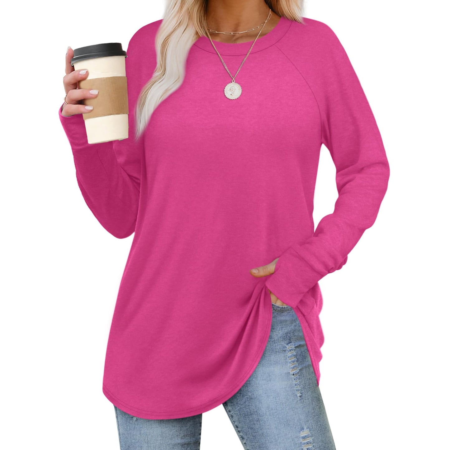 MOSHU Sweatshirts for Women Thumb Hole Long Sleeve Shirts Curved Hem Crewneck Sweatshirts Casual Fall Womens Tunic Tops
