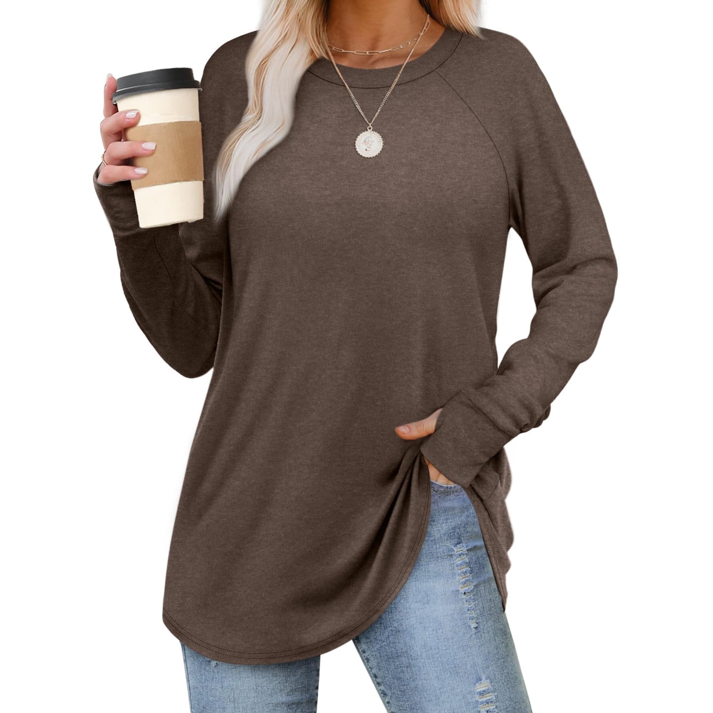 MOSHU Sweatshirts for Women Thumb Hole Long Sleeve Shirts Curved Hem Crewneck Sweatshirts Casual Fall Womens Tunic Tops
