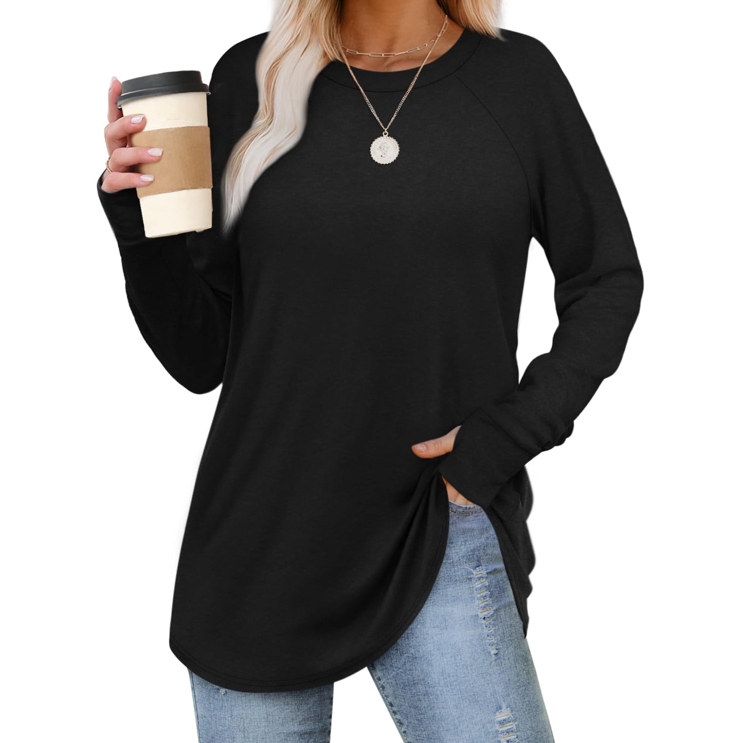 MOSHU Sweatshirts for Women Thumb Hole Long Sleeve Shirts Curved Hem Crewneck Sweatshirts Casual Fall Womens Tunic Tops