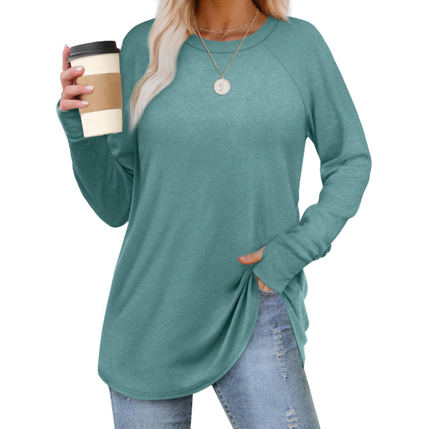 MOSHU Sweatshirts for Women Thumb Hole Long Sleeve Shirts Curved Hem Crewneck Sweatshirts Casual Fall Womens Tunic Tops