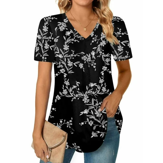 MOSHU T-shirts for Women Pleated Printed Short Sleeve Tunice Tops V Neck Summer Womens Shirts