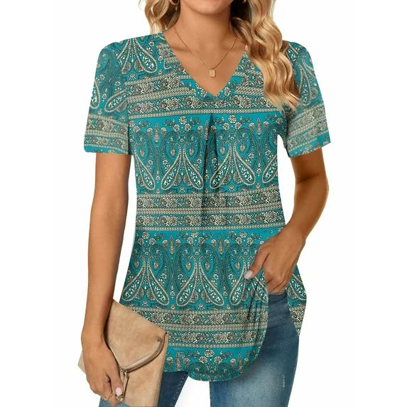 MOSHU T-shirts for Women Pleated Printed Short Sleeve Tunice Tops V Neck Summer Womens Shirts