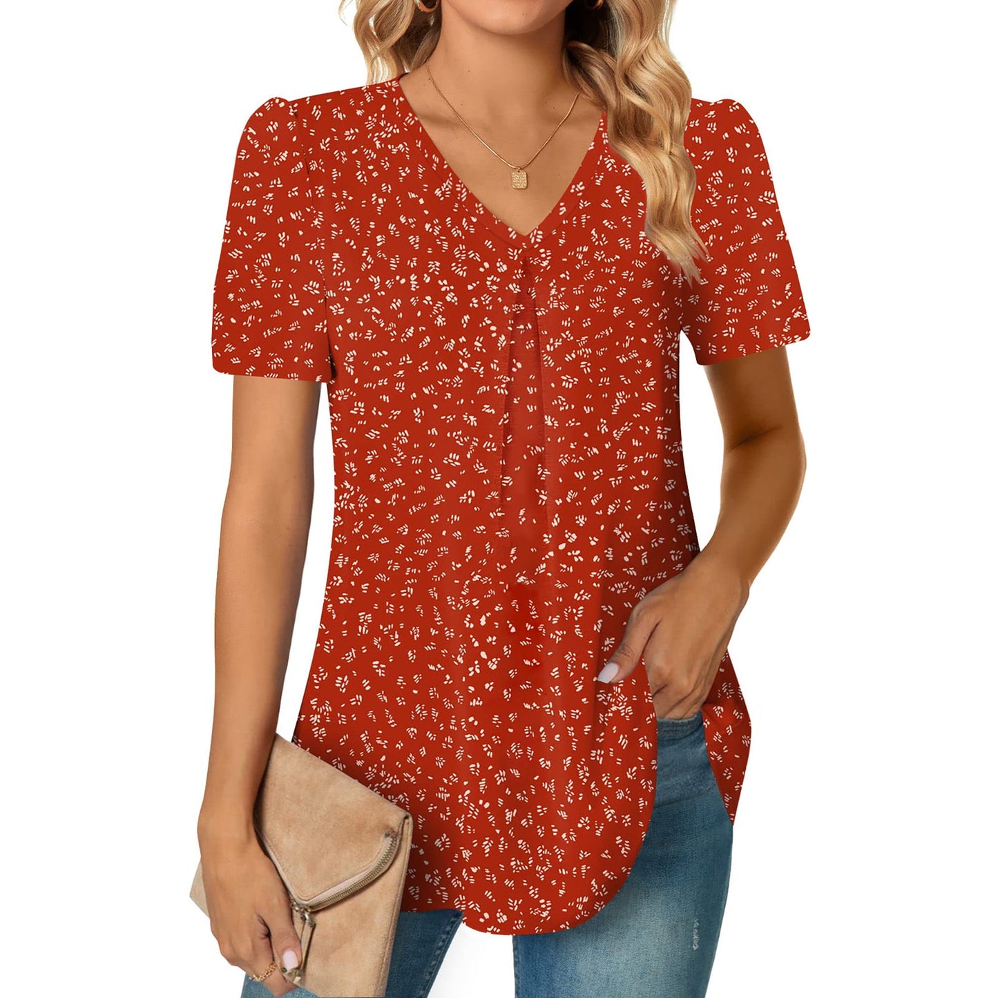 MOSHU T-shirts for Women Pleated Printed Short Sleeve Tunice Tops V Neck Summer Womens Shirts