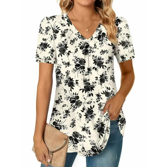 MOSHU T-shirts for Women Pleated Printed Short Sleeve Tunice Tops V Neck Summer Womens Shirts