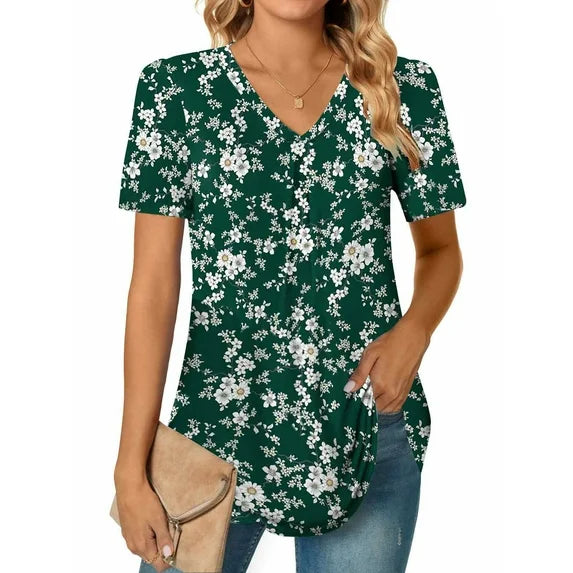 MOSHU T-shirts for Women Pleated Printed Short Sleeve Tunice Tops V Neck Summer Womens Shirts