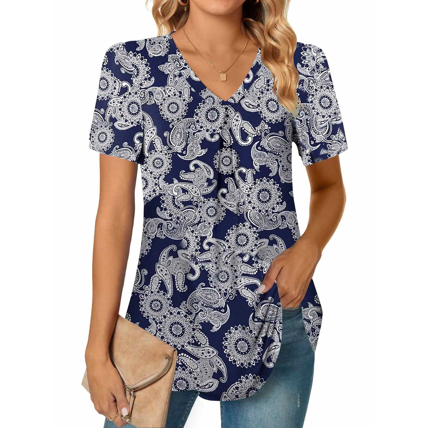 MOSHU T-shirts for Women Pleated Printed Short Sleeve Tunice Tops V Neck Summer Womens Shirts