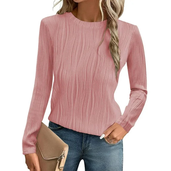 MOSHU Textured Blouses for Women Crewneck Dressy Womens Tops Casual Long Sleeve Fall Shirts