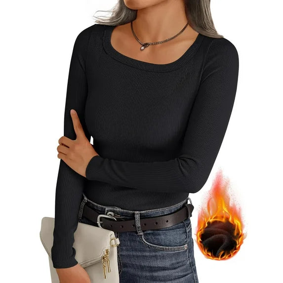MOSHU Thermal Tops for Women Scoop Neck Slim Fit Basic Top Ribbed Thermal Undershirts Layering Tee Womens Long Sleeve Shirts